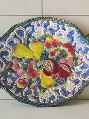 Hand-Painted Ceramic Fruit Platter in Blue, Yellow & Red
